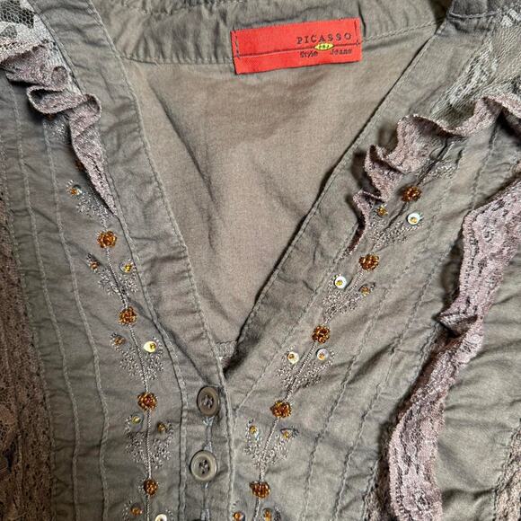 Boho fairycore embellished beaded and laced brown button up womens sz Med - Picture 4 of 7